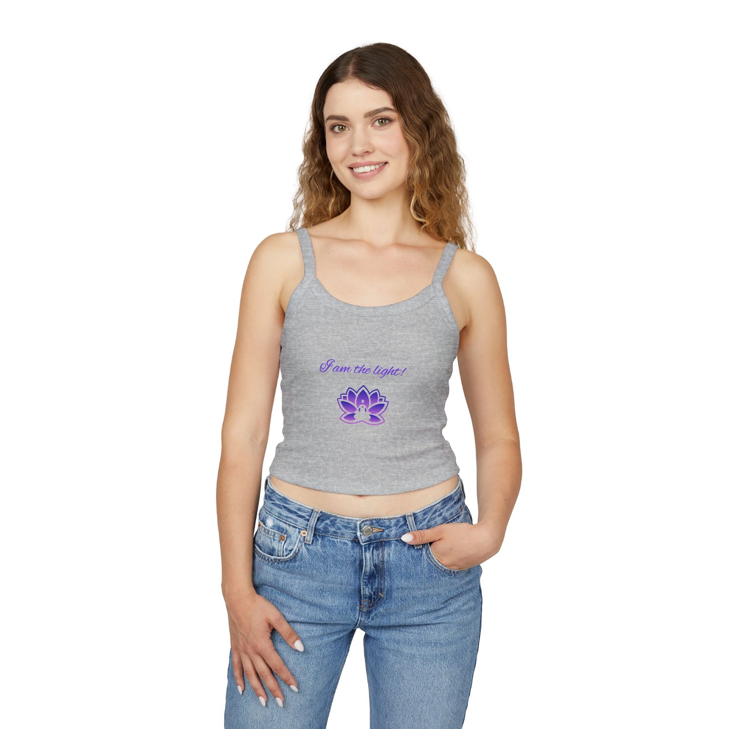 Peace in a Pod Spaghetti Strap Tank Top - 'I Am the Light' Lotus Design for Mindfulness