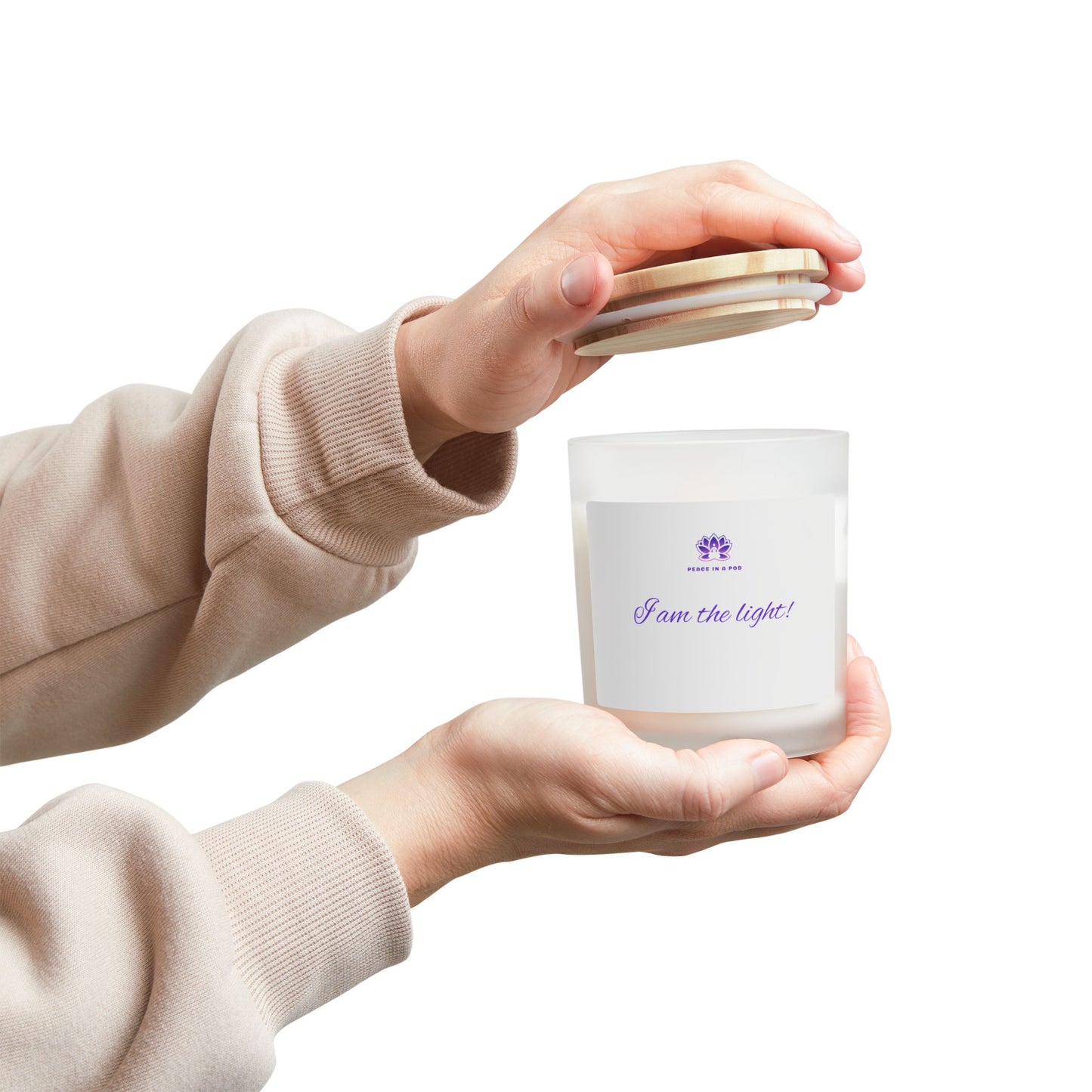 Inspirational Peace in a Pod Candle - 11oz Frosted Glass Candle with 'I am the light!' Design