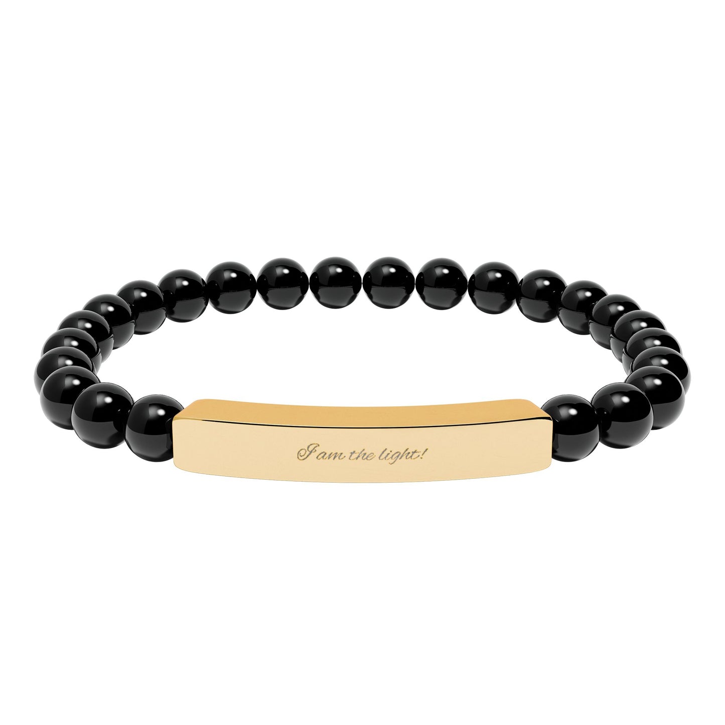 Natural Stone Stretch Bar Bracelet — Peace in a Pod "I am the light!" Engraved Stainless Steel (Silver or 18K Gold)