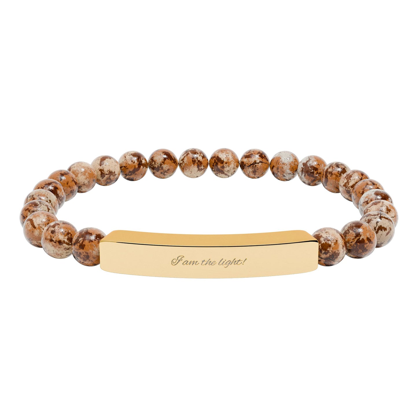 Natural Stone Stretch Bar Bracelet — Peace in a Pod "I am the light!" Engraved Stainless Steel (Silver or 18K Gold)