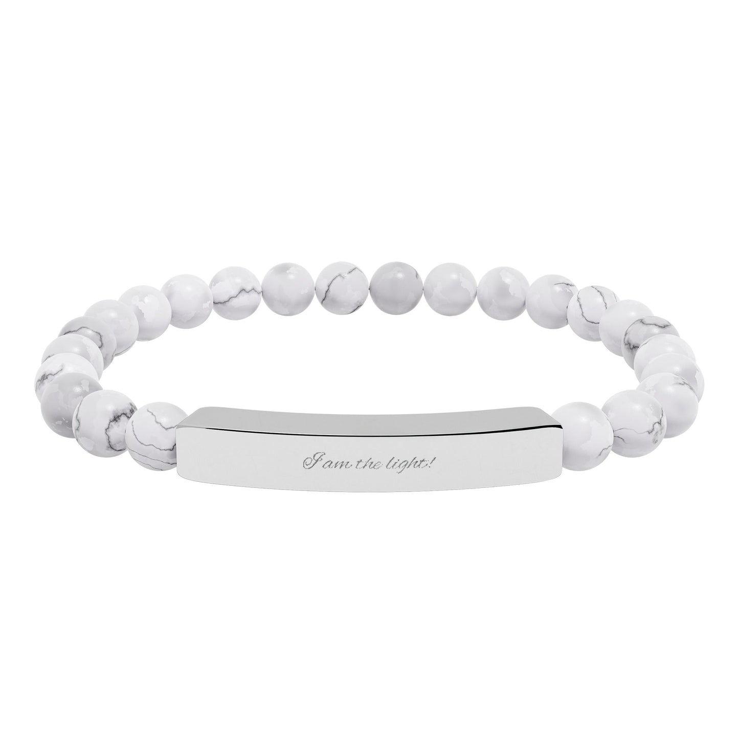Natural Stone Stretch Bar Bracelet — Peace in a Pod "I am the light!" Engraved Stainless Steel (Silver or 18K Gold)