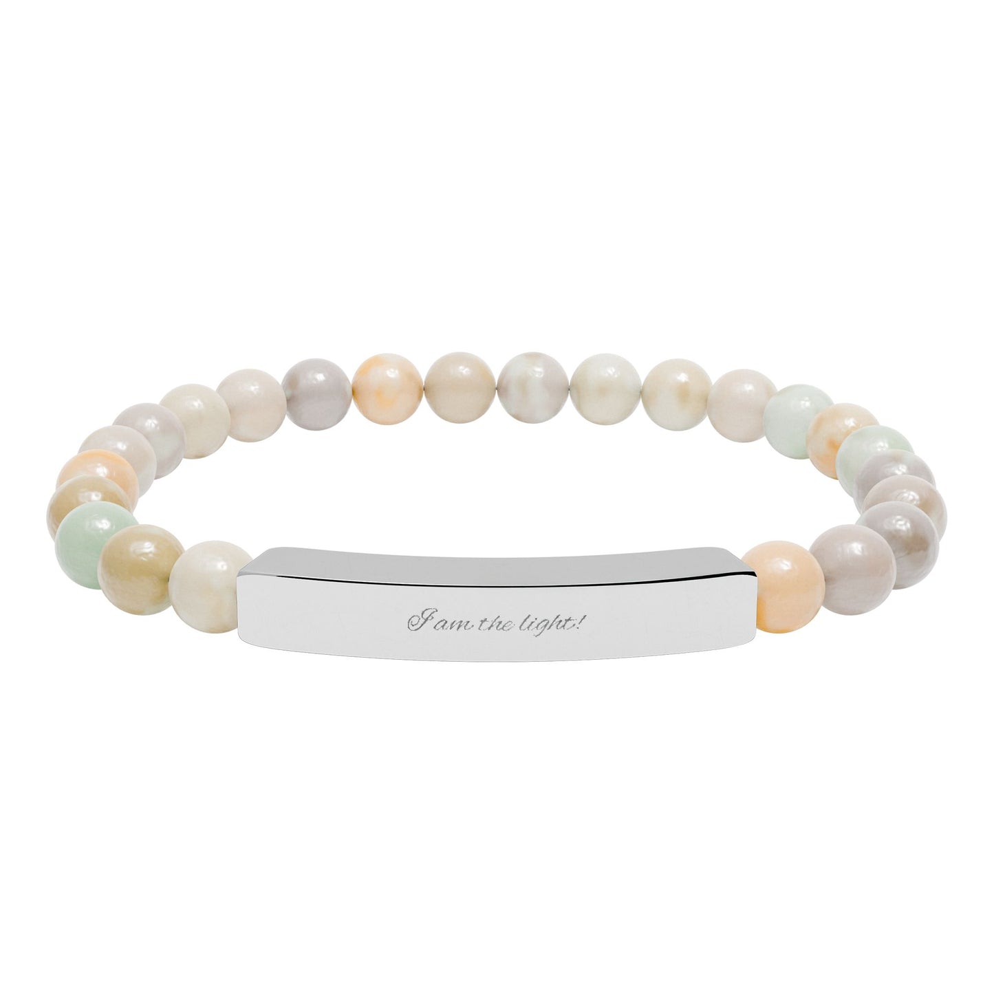Natural Stone Stretch Bar Bracelet — Peace in a Pod "I am the light!" Engraved Stainless Steel (Silver or 18K Gold)