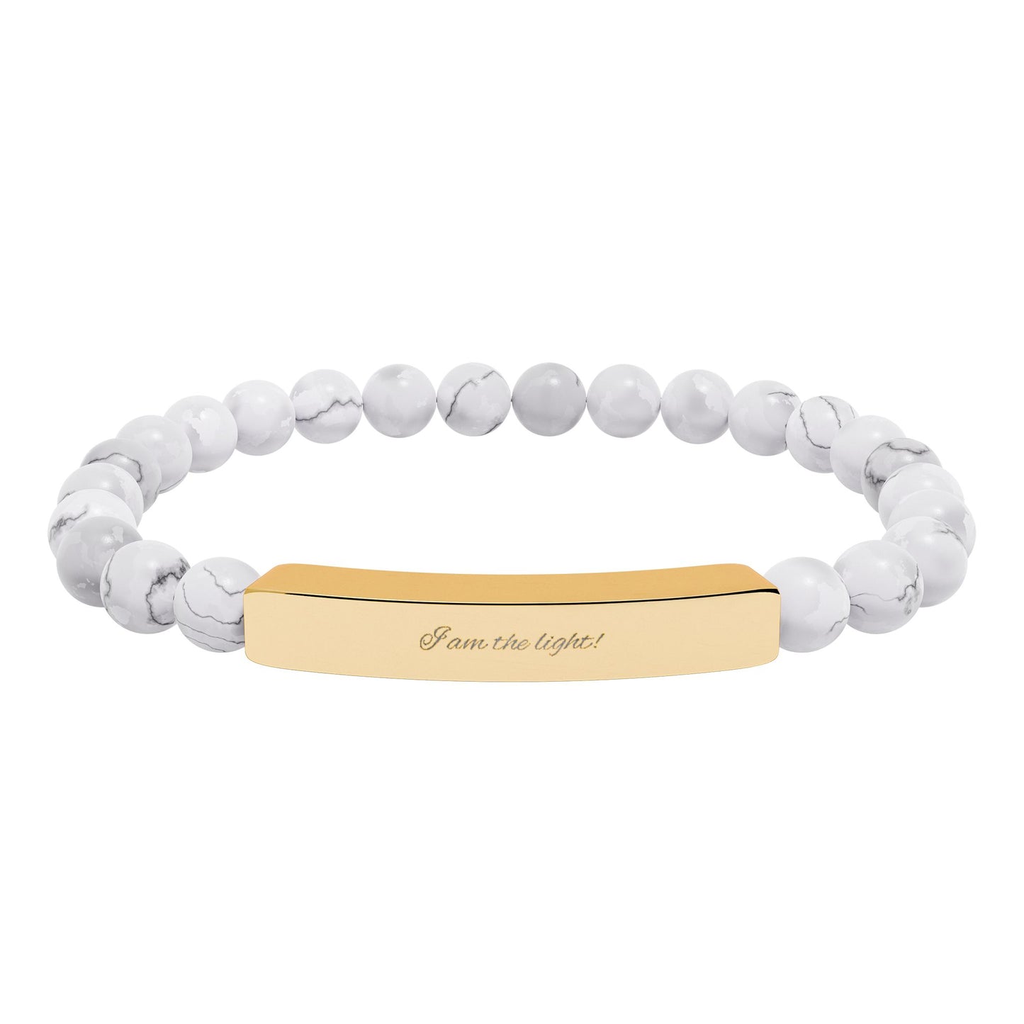 Natural Stone Stretch Bar Bracelet — Peace in a Pod "I am the light!" Engraved Stainless Steel (Silver or 18K Gold)