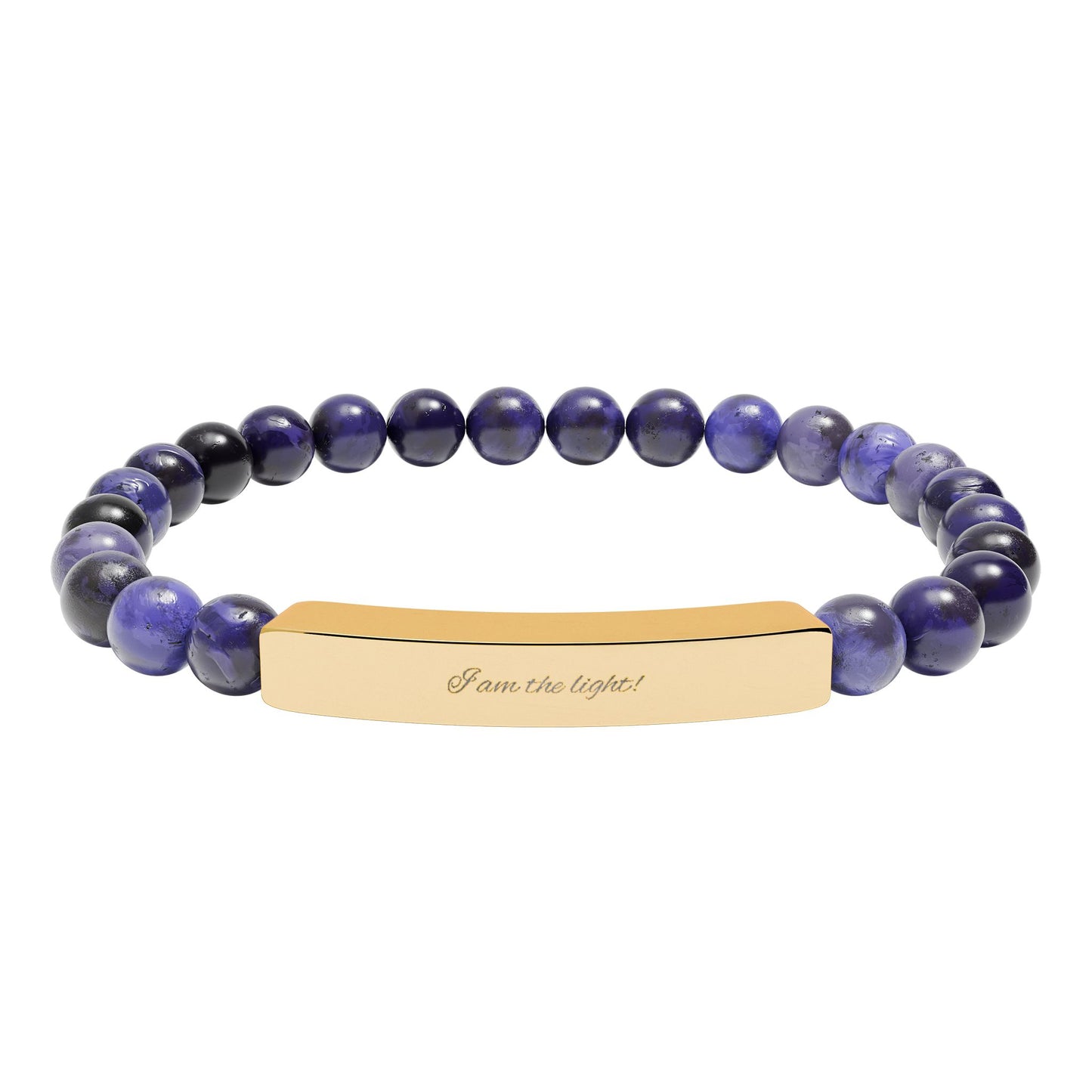 Natural Stone Stretch Bar Bracelet — Peace in a Pod "I am the light!" Engraved Stainless Steel (Silver or 18K Gold)