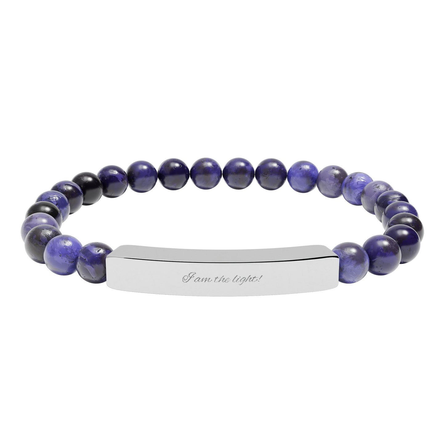 Natural Stone Stretch Bar Bracelet — Peace in a Pod "I am the light!" Engraved Stainless Steel (Silver or 18K Gold)