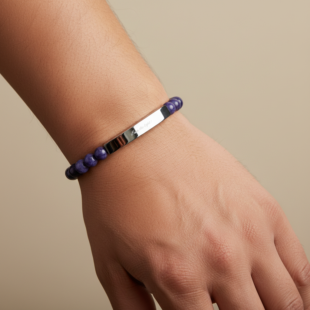 Natural Stone Stretch Bar Bracelet — Peace in a Pod "I am the light!" Engraved Stainless Steel (Silver or 18K Gold)