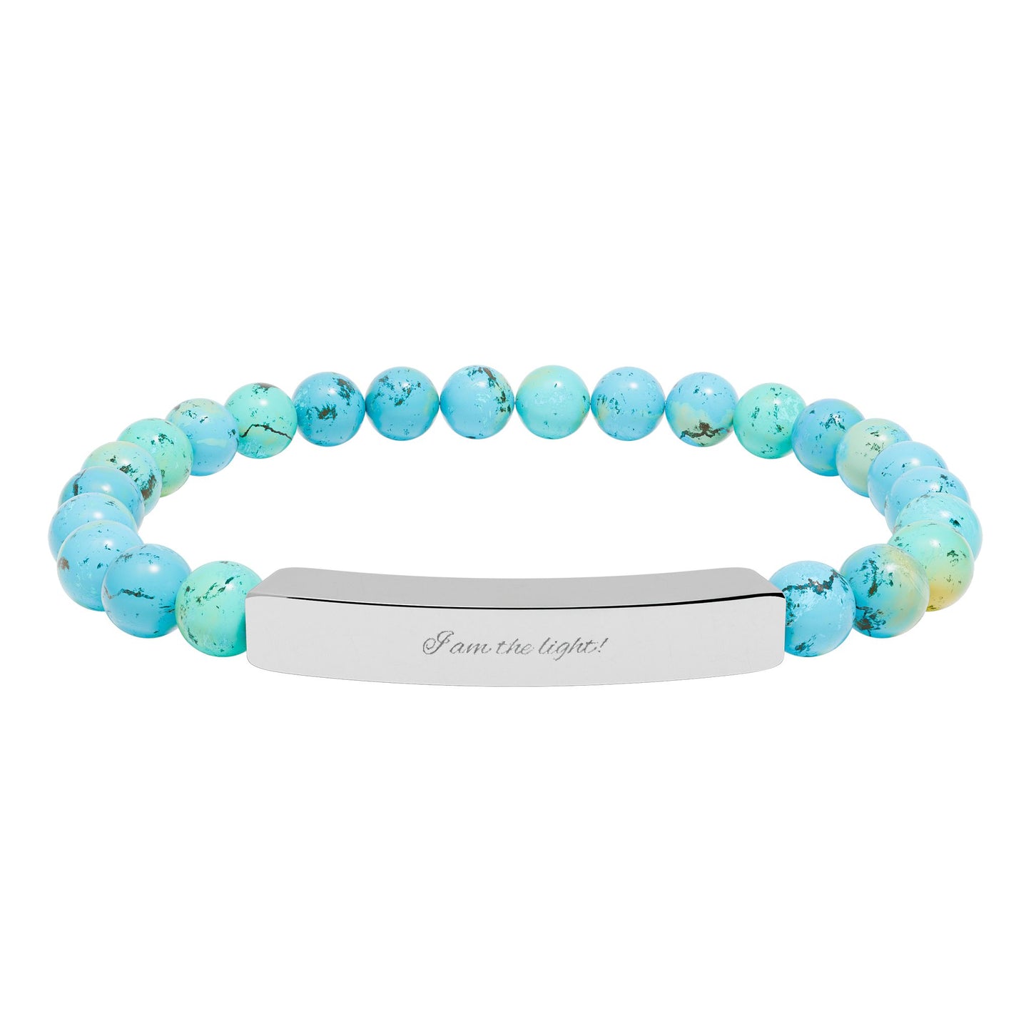 Natural Stone Stretch Bar Bracelet — Peace in a Pod "I am the light!" Engraved Stainless Steel (Silver or 18K Gold)