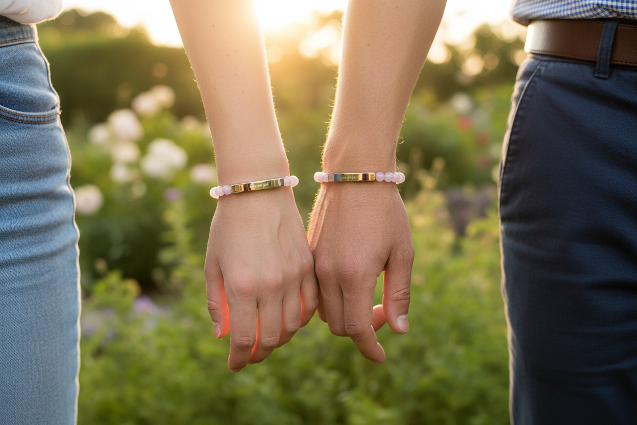 Natural Stone Stretch Bar Bracelet — Peace in a Pod "I am the light!" Engraved Stainless Steel (Silver or 18K Gold)