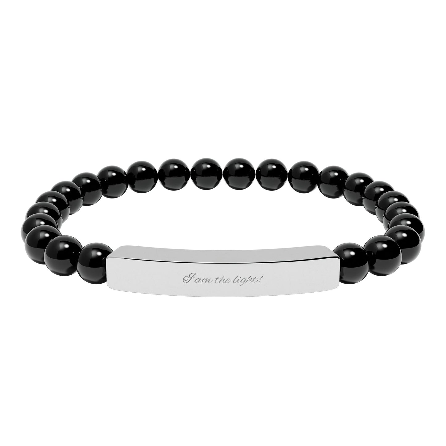 Natural Stone Stretch Bar Bracelet — Peace in a Pod "I am the light!" Engraved Stainless Steel (Silver or 18K Gold)