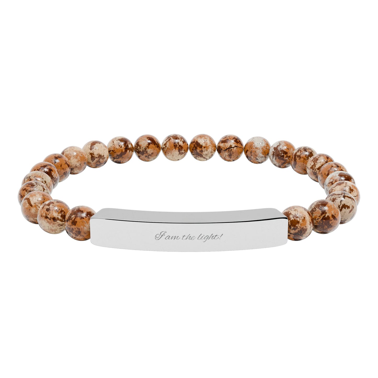 Natural Stone Stretch Bar Bracelet — Peace in a Pod "I am the light!" Engraved Stainless Steel (Silver or 18K Gold)