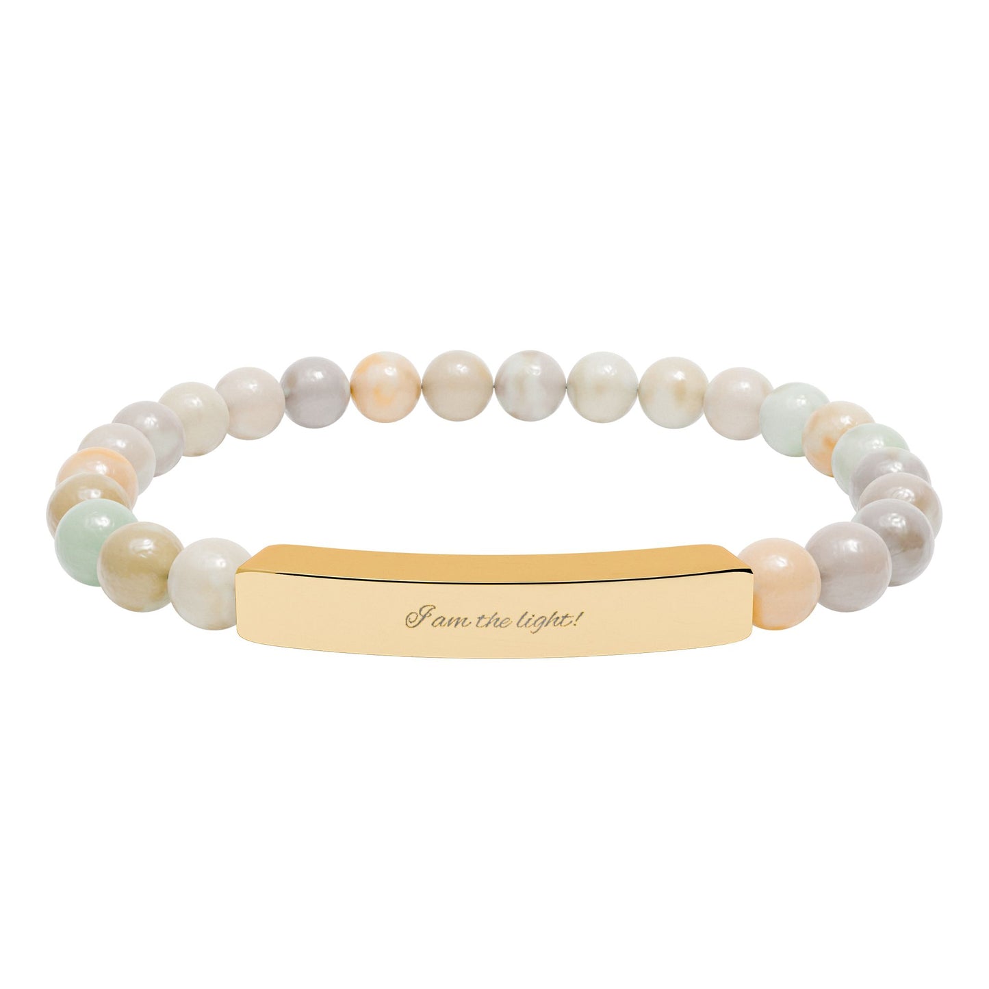 Natural Stone Stretch Bar Bracelet — Peace in a Pod "I am the light!" Engraved Stainless Steel (Silver or 18K Gold)