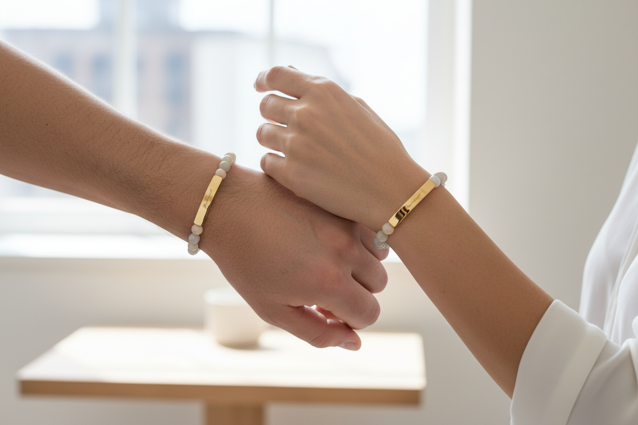 Natural Stone Stretch Bar Bracelet — Peace in a Pod "I am the light!" Engraved Stainless Steel (Silver or 18K Gold)